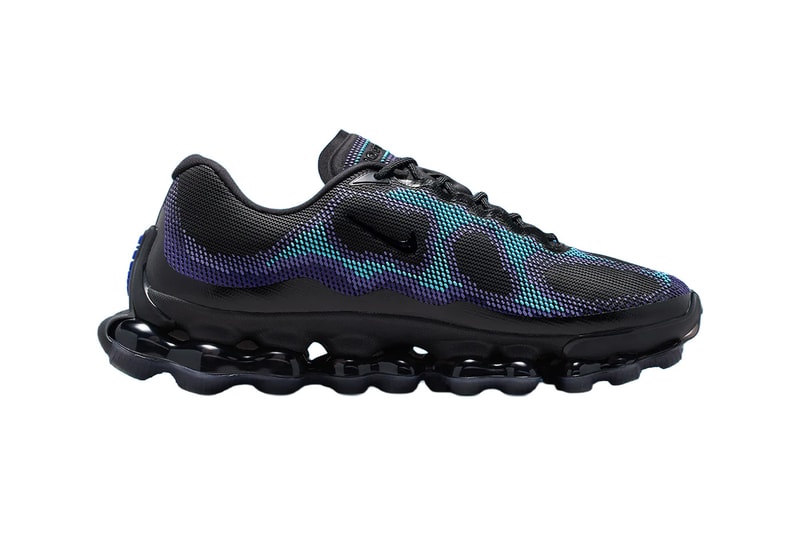 Nike Air Liquid Max Black/Radiant Blue featuring three-layer textured mesh upper with nanoprint design and visible point-loaded Air cushioning pods - detail view 2