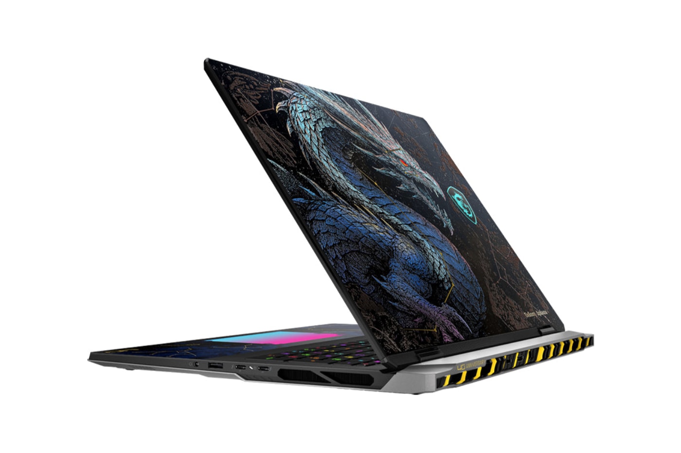 MSI Titan 18 HX Dragon Edition Draco Epic gaming laptop with Draco-inspired chassis design and RGB dragon logo displayed open on a desk