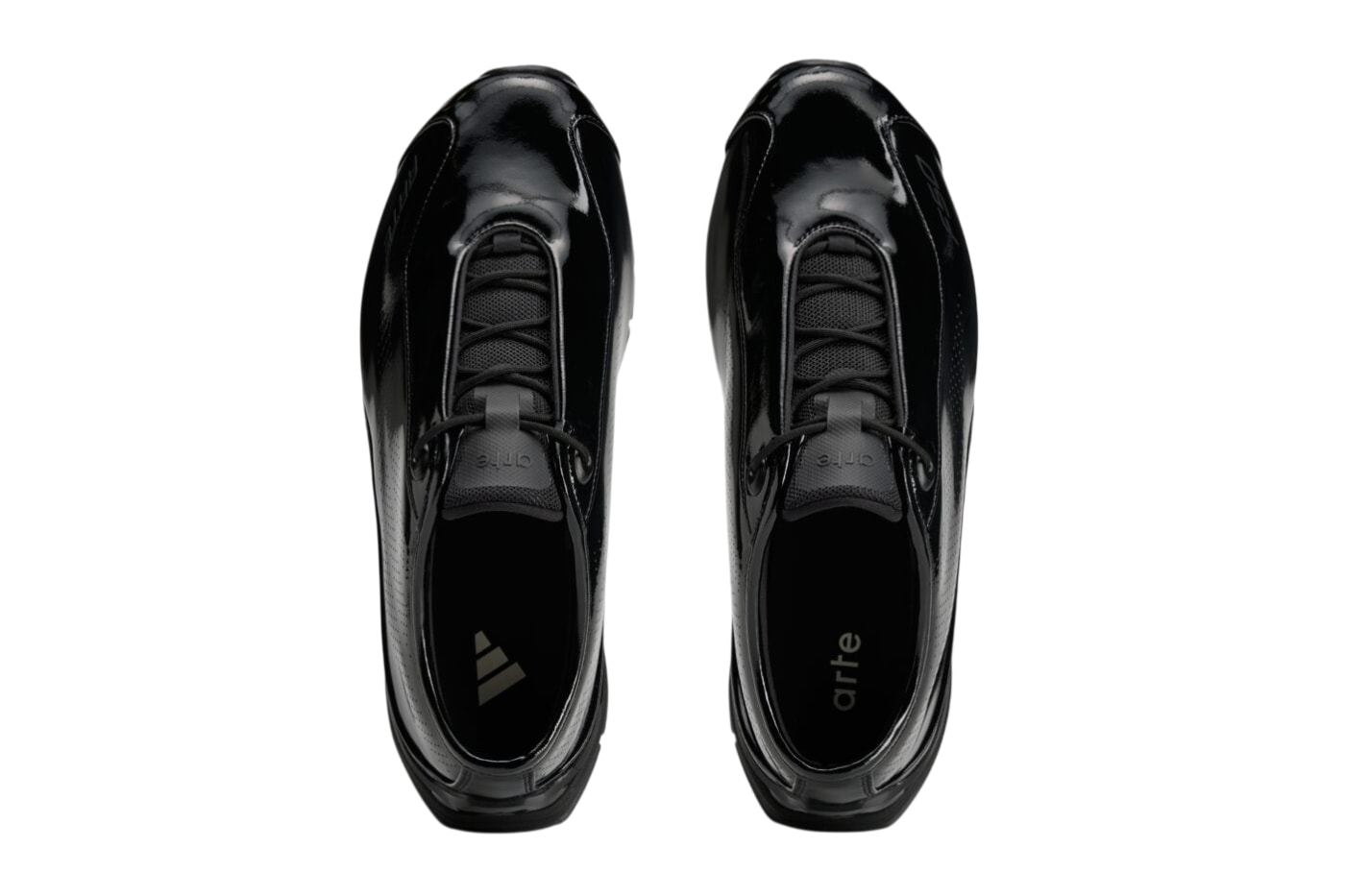 Arte Antwerp x adidas F50 Feather Patent Leather Black top view showing perforated quarters