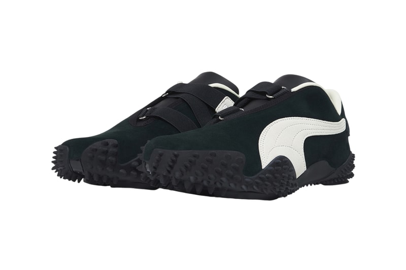 JJJJound x PUMA Mostro Black/White sneaker in grayscale, side profile showing suede upper and velcro strap detail - detail view 2