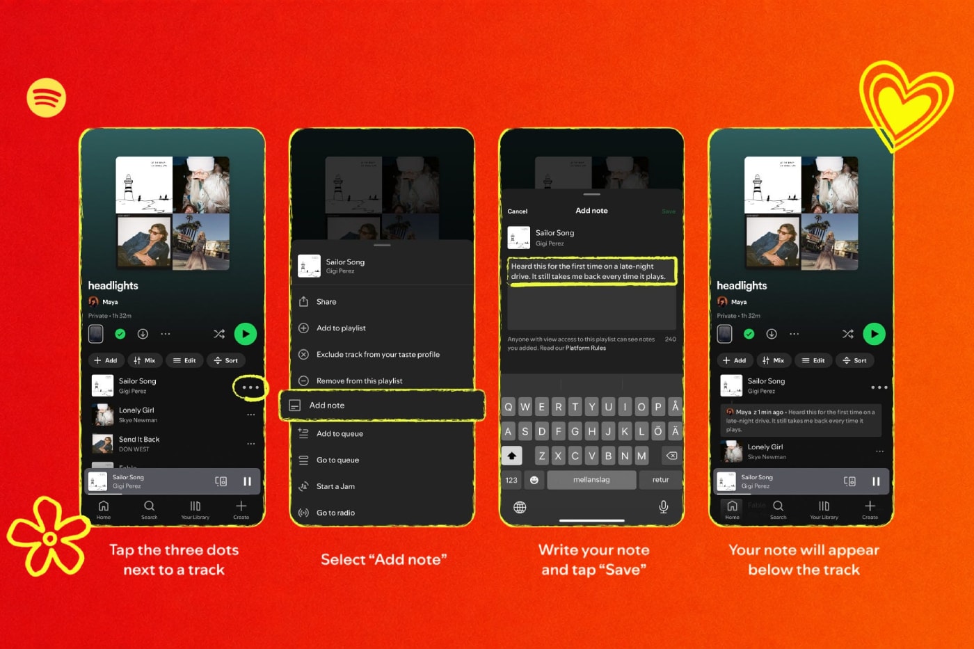 Spotify User Notes feature showing personal captions on playlist tracks