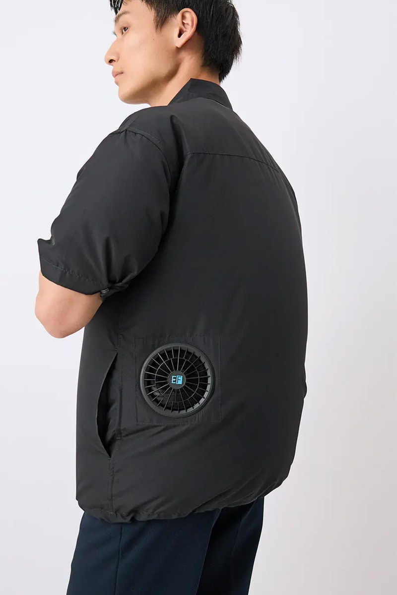 Yofuku no Aoyama Kuchofuku Air-Conditioned Short Sleeve Work Shirt with twin cooling fans viewed from the back