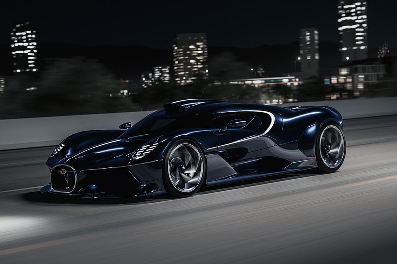 Bugatti Destrier Bolide-based hypercar in Sapphire Celeste blue with low-slung profile and flared fenders at Pebble Beach Concours d'Elegance.