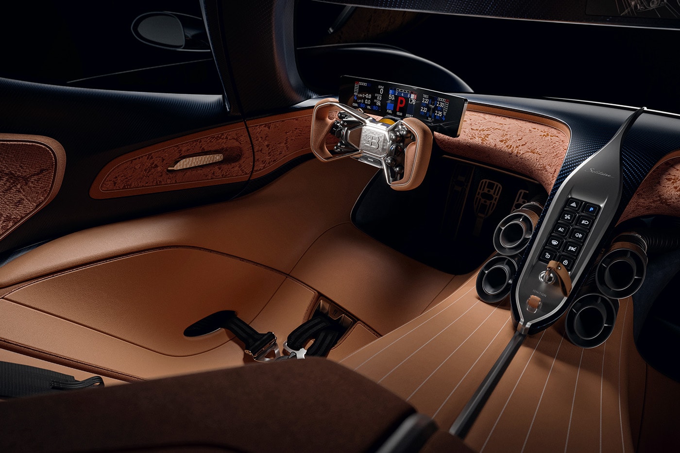 Bugatti Destrier Bolide-based hypercar in Sapphire Celeste blue with low-slung profile and flared fenders at Pebble Beach Concours d'Elegance.