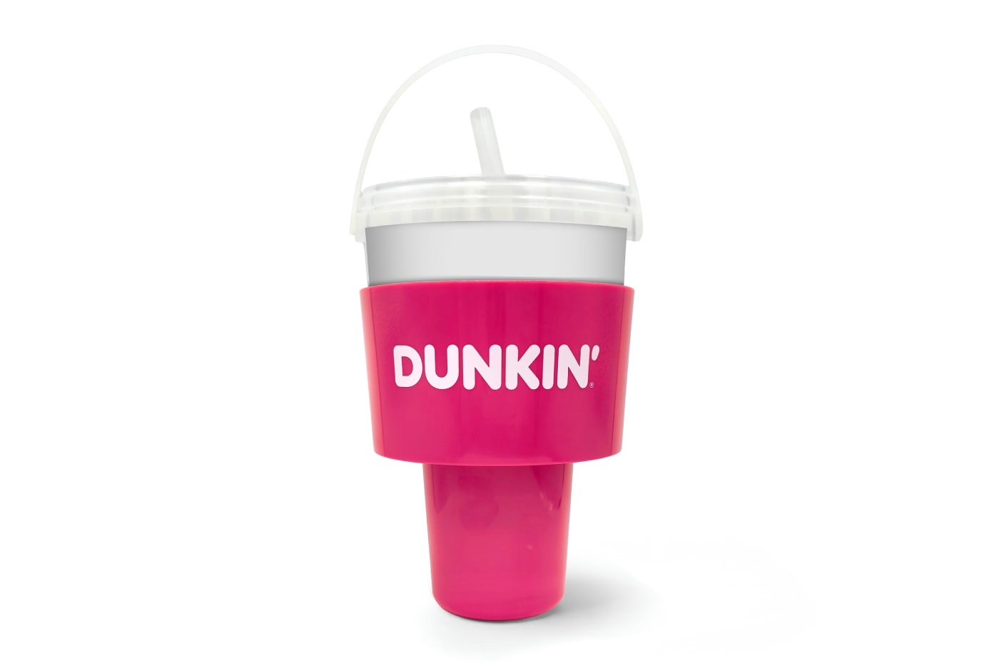 Dunkin’ Iced Beverage Buckets and Iced Beverage Bucket Holder with new Refresher drinks displayed on a table