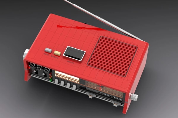 LEGO Legosonic BSR-12 bedside radio model with vintage-style controls and internal circuit board details