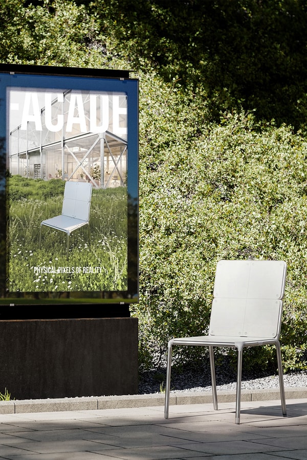 Junha Kahm Facade modular chair with stainless steel frame and interchangeable PETG panels displayed in different configurations