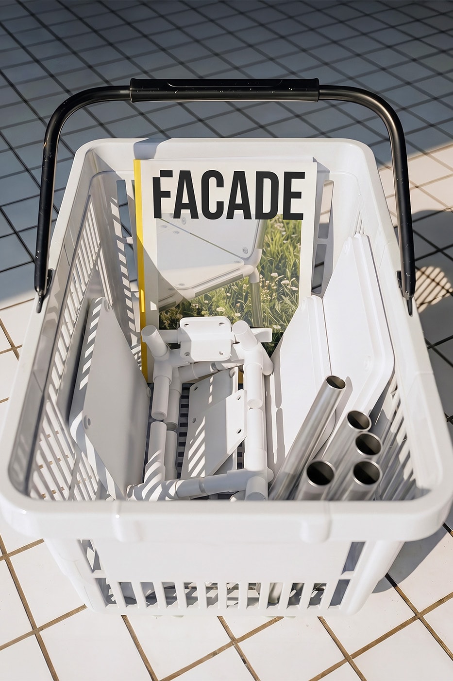 Junha Kahm Facade modular chair with stainless steel frame and interchangeable PETG panels displayed in different configurations