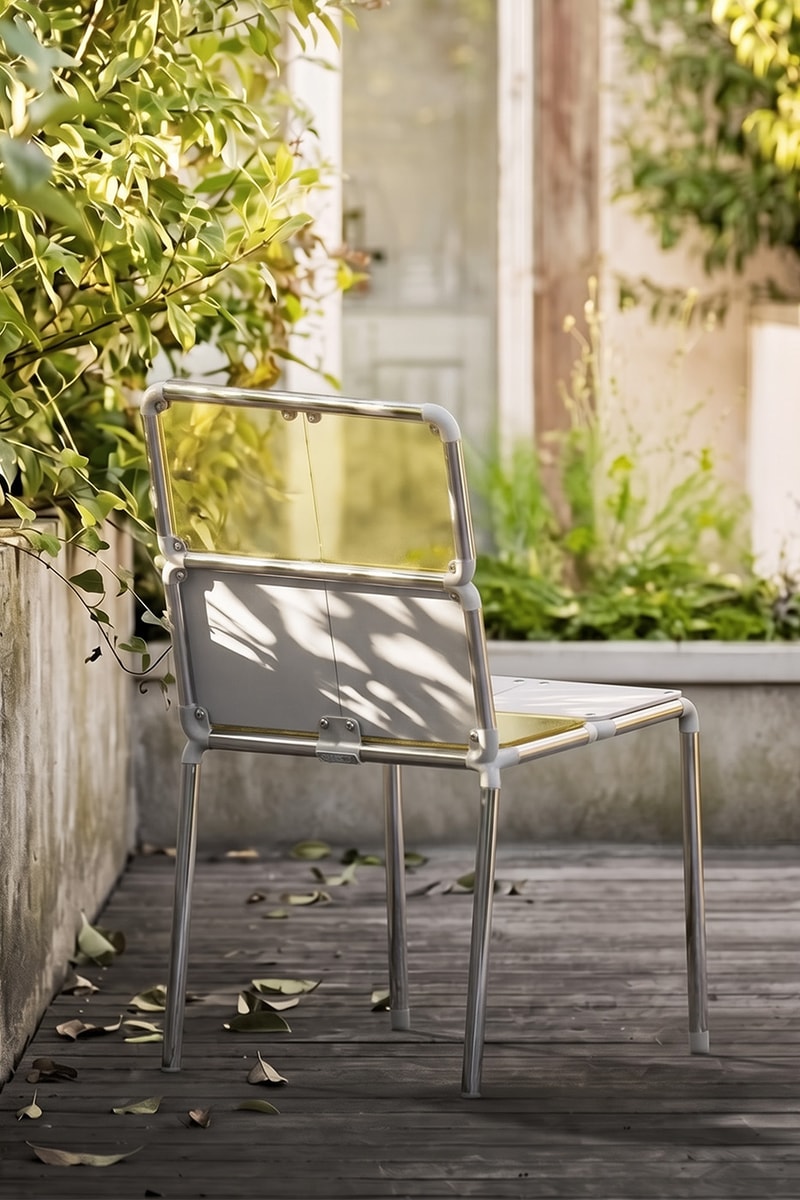 Junha Kahm Facade modular chair with stainless steel frame and interchangeable PETG panels displayed in different configurations
