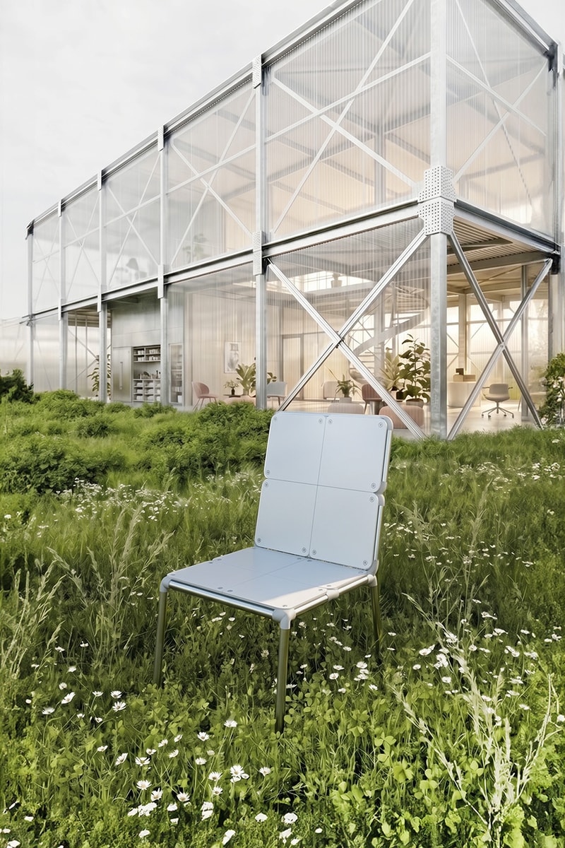 Junha Kahm Facade modular chair with stainless steel frame and interchangeable PETG panels displayed in different configurations