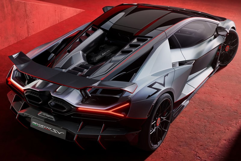 Lamborghini Revuelto SV supercar with V-12 hybrid powertrain and fixed rear wing on track