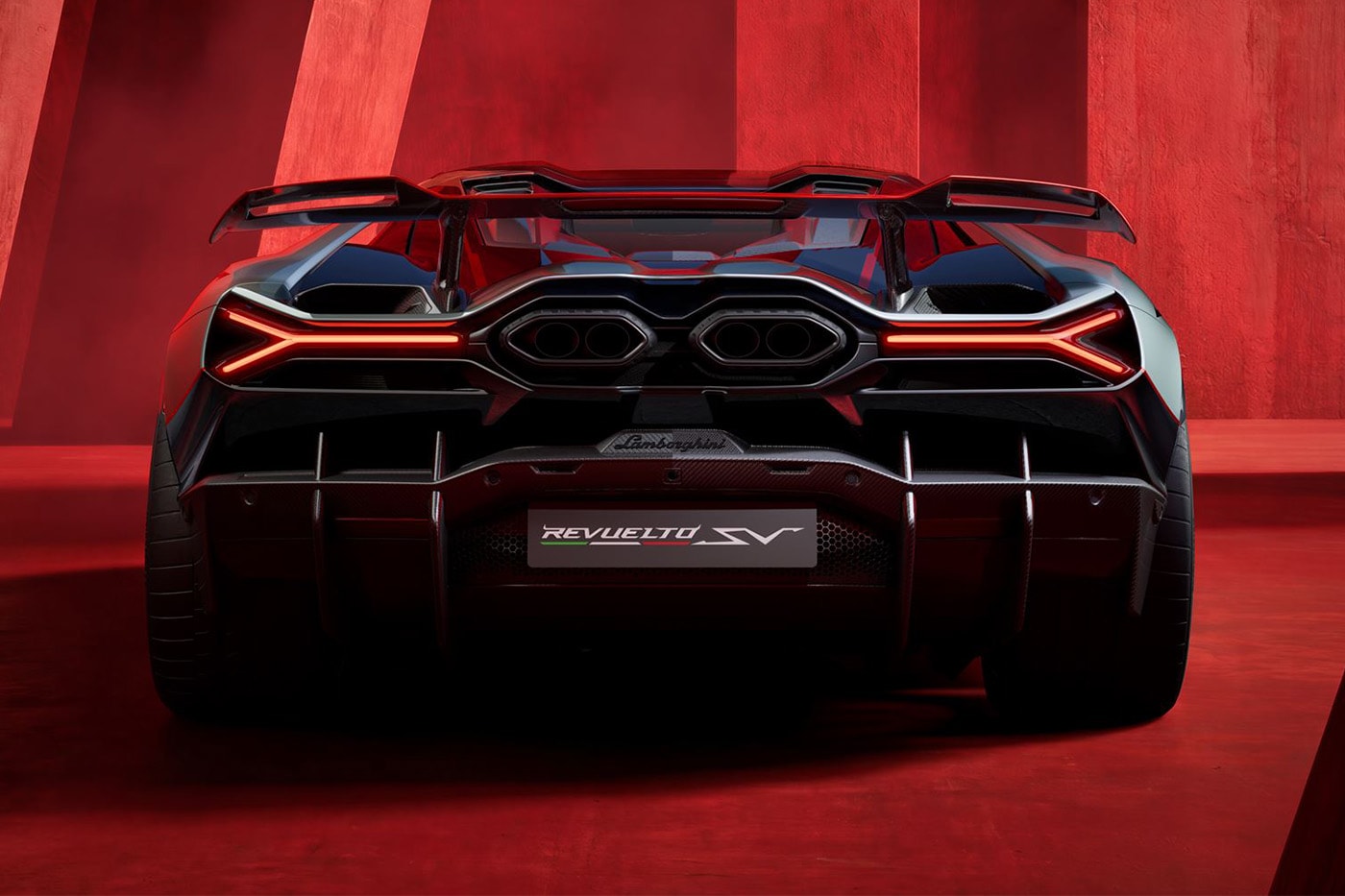 Lamborghini Revuelto SV supercar with V-12 hybrid powertrain and fixed rear wing on track