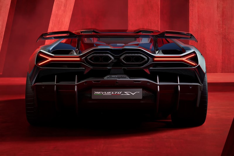 Lamborghini Revuelto SV supercar with V-12 hybrid powertrain and fixed rear wing on track