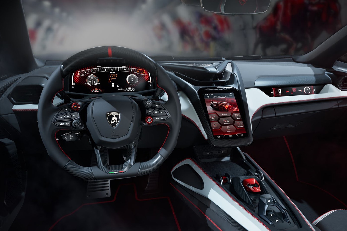 Lamborghini Revuelto SV supercar with V-12 hybrid powertrain and fixed rear wing on track