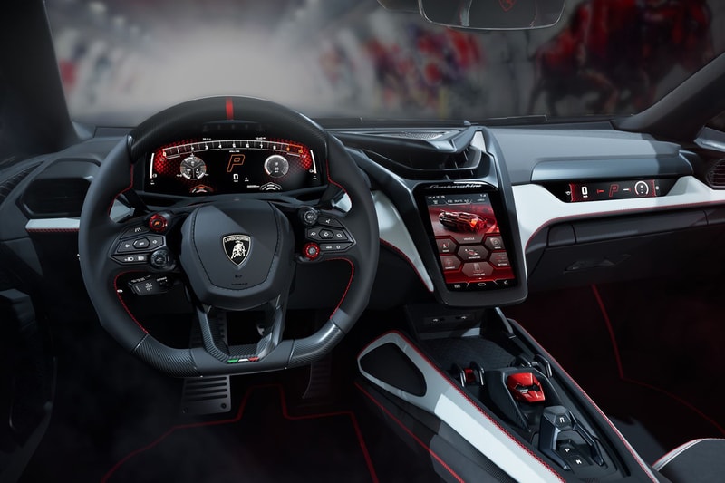 Lamborghini Revuelto SV supercar with V-12 hybrid powertrain and fixed rear wing on track