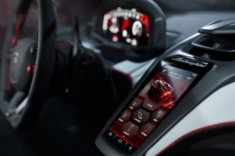 Lamborghini Revuelto SV supercar with V-12 hybrid powertrain and fixed rear wing on track