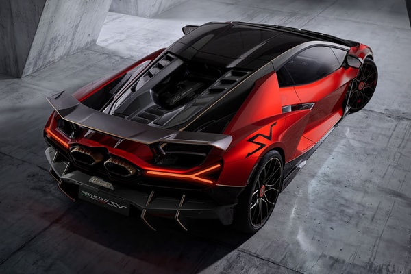 Lamborghini Revuelto SV supercar with V-12 hybrid powertrain and fixed rear wing on track