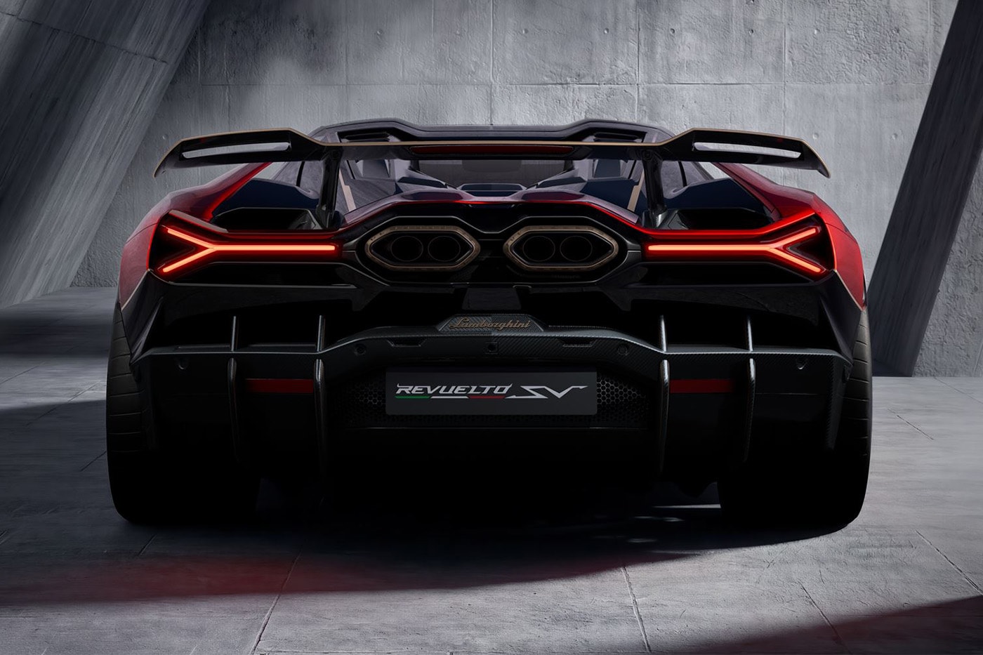 Lamborghini Revuelto SV supercar with V-12 hybrid powertrain and fixed rear wing on track