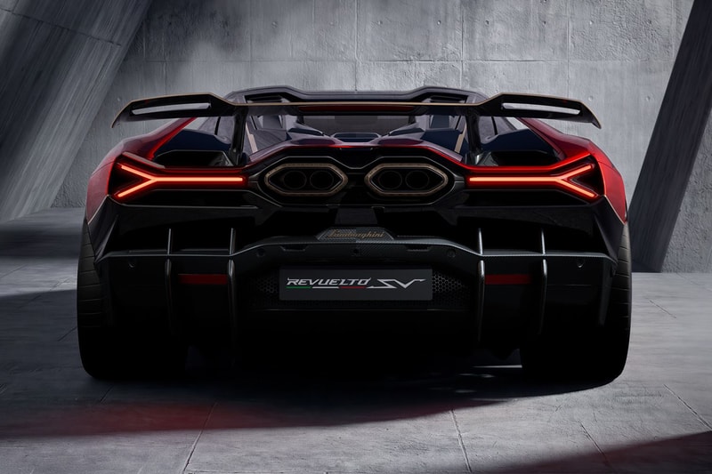 Lamborghini Revuelto SV supercar with V-12 hybrid powertrain and fixed rear wing on track