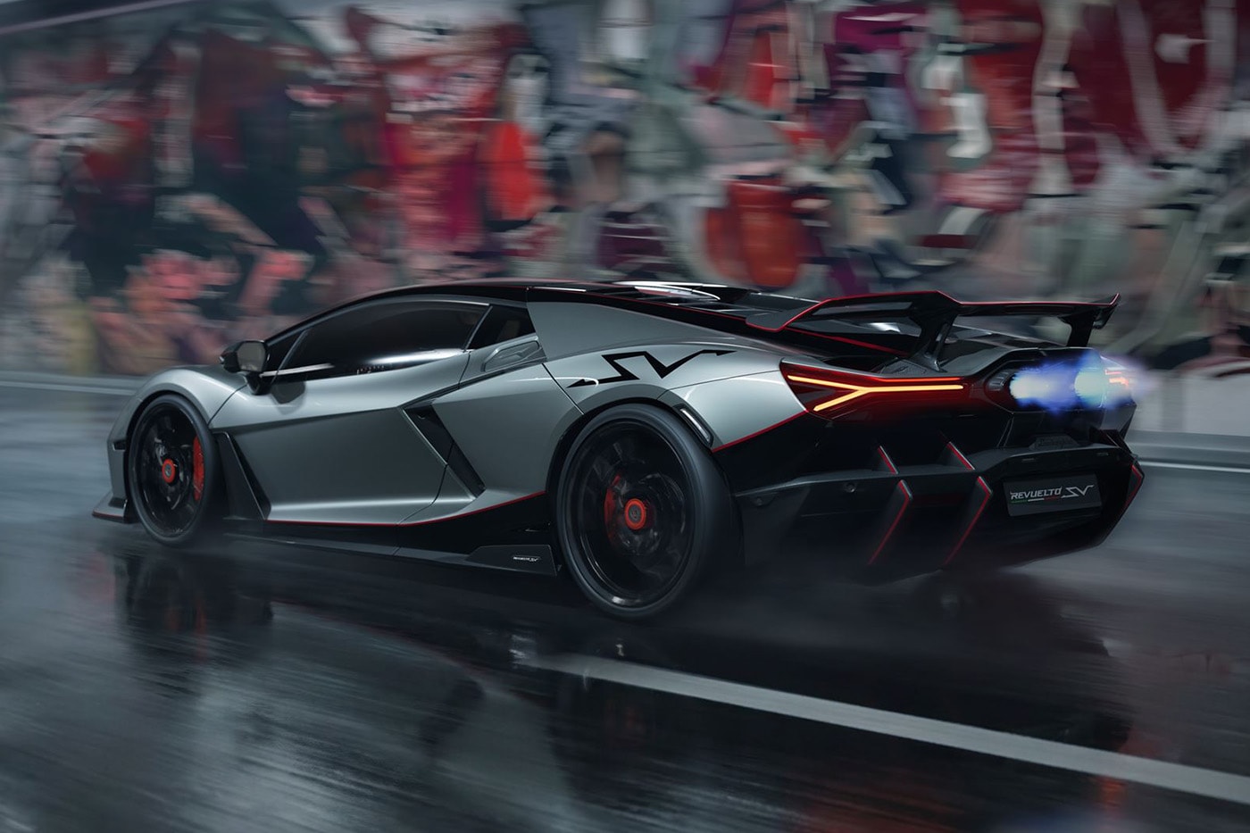 Lamborghini Revuelto SV supercar with V-12 hybrid powertrain and fixed rear wing on track