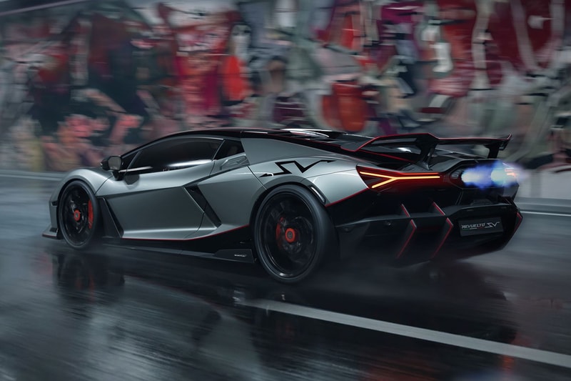 Lamborghini Revuelto SV supercar with V-12 hybrid powertrain and fixed rear wing on track