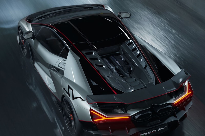 Lamborghini Revuelto SV supercar with V-12 hybrid powertrain and fixed rear wing on track