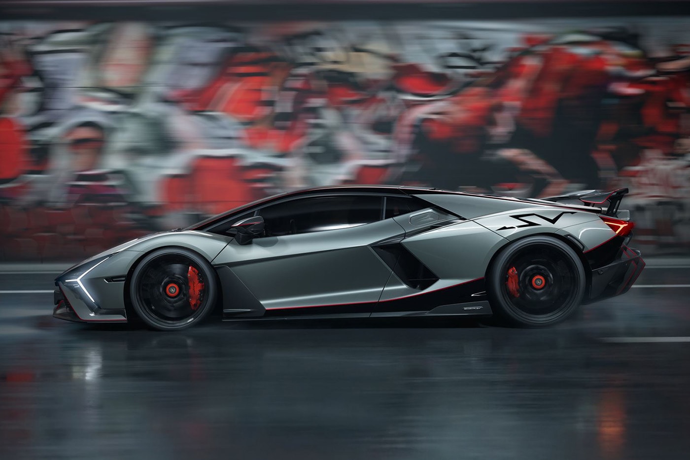 Lamborghini Revuelto SV supercar with V-12 hybrid powertrain and fixed rear wing on track
