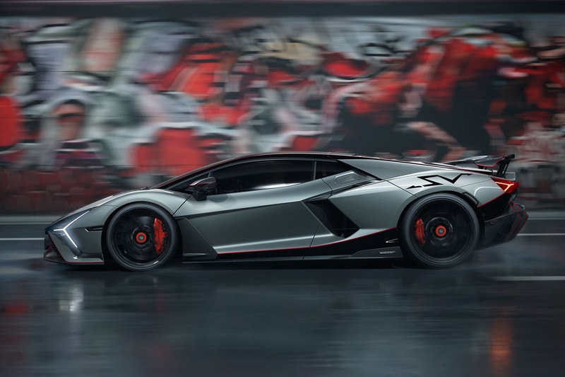 Lamborghini Revuelto SV supercar with V-12 hybrid powertrain and fixed rear wing on track