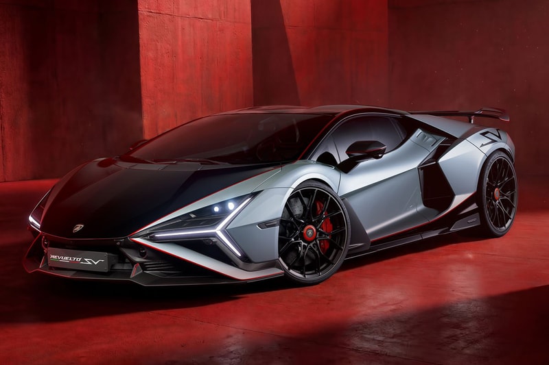 Lamborghini Revuelto SV supercar with V-12 hybrid powertrain and fixed rear wing on track