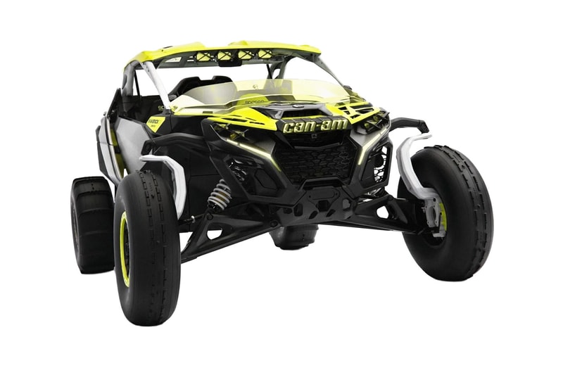 Can-Am Defender Prerunner and Maverick R XRay off-road concept vehicles displayed together at night