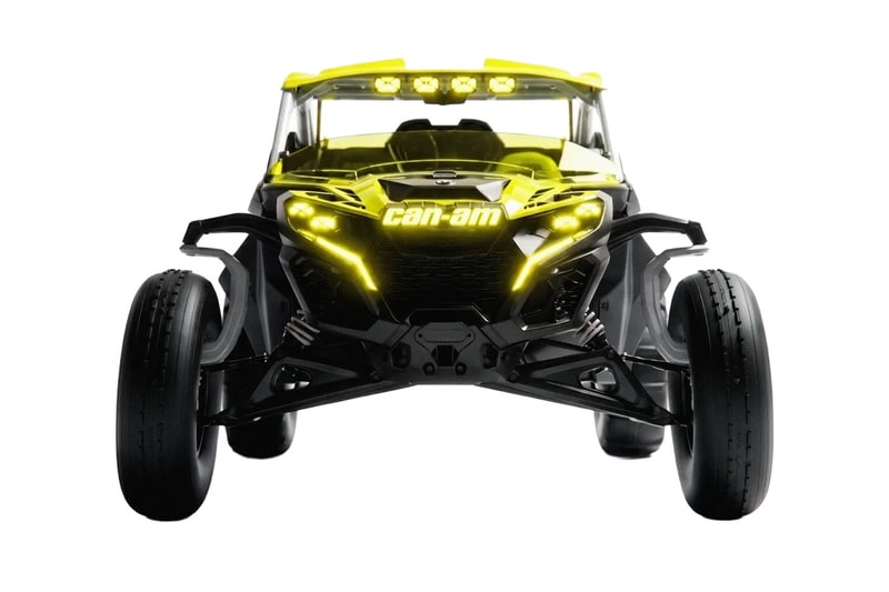 Can-Am Defender Prerunner and Maverick R XRay off-road concept vehicles displayed together at night