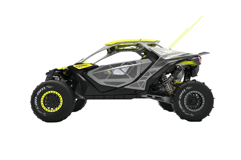 Can-Am Defender Prerunner and Maverick R XRay off-road concept vehicles displayed together at night