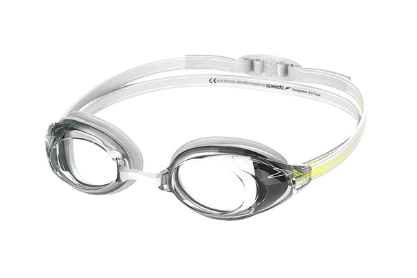 Speedo iQ smart module attached to Vanquisher 3.0 swim goggles tracking performance data