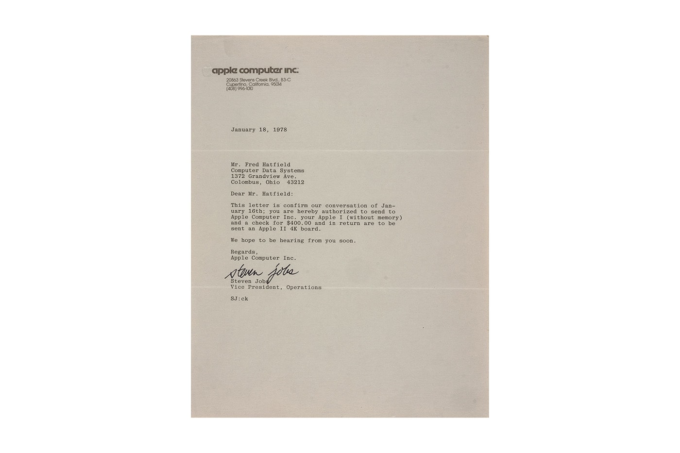 rare working Hatfield Apple 1 Computer steve wozniak signed letter steve jobs auction for sale Bonhams