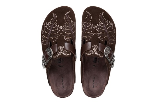 Etro Leads the Birkenstock Boston and Gizeh With Paisley Outsoles and Pegaso Rivets