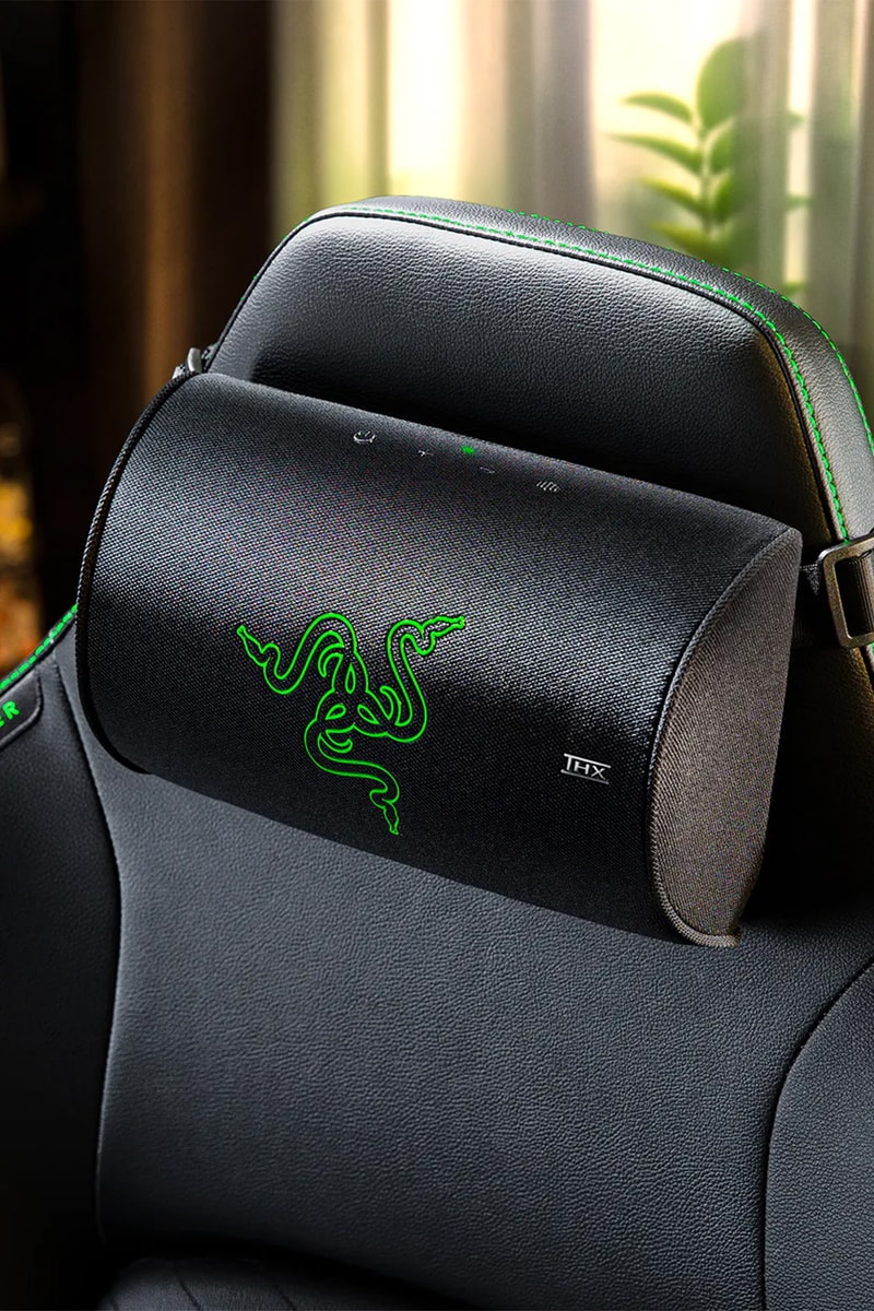 Razer Clio X wireless speaker head cushion mounted on a Razer gaming chair