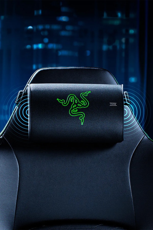 Razer Clio X wireless speaker head cushion mounted on a Razer gaming chair
