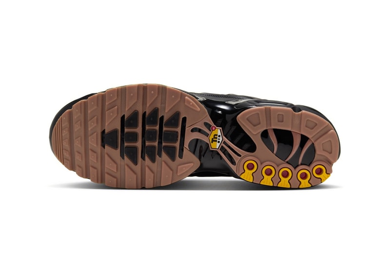 Nike Air Max Plus "Premier" Replaces Signature TPU Cage With Tiempo-Inspired Leather Tooling Black/Gum Medium Brown-Volt-White IQ6607-001 football soccer