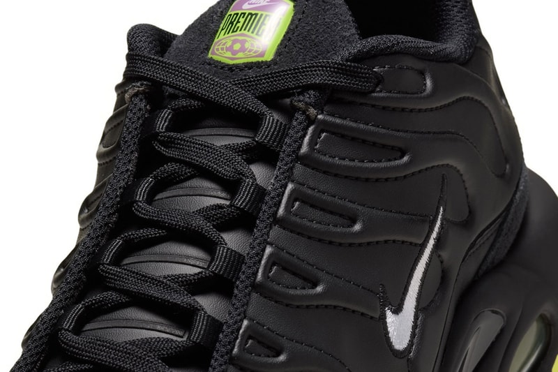 Nike Air Max Plus "Premier" Replaces Signature TPU Cage With Tiempo-Inspired Leather Tooling Black/Gum Medium Brown-Volt-White IQ6607-001 football soccer