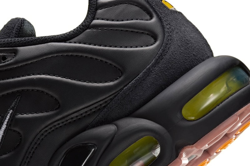 Nike Air Max Plus "Premier" Replaces Signature TPU Cage With Tiempo-Inspired Leather Tooling Black/Gum Medium Brown-Volt-White IQ6607-001 football soccer