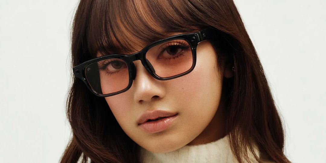 Eine Nahaufnahme der Meta Glasses LISA Edition, die eine Cat-Eye-Fassung mit Sternendetails und ein dazugehöriges Ladeetui zeigt.