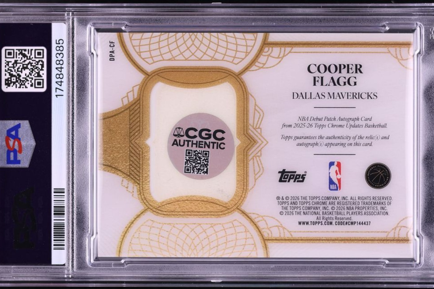 Cooper Flagg one-of-one Topps Chrome Update rookie debut patch autograph card in a PSA 10 holder