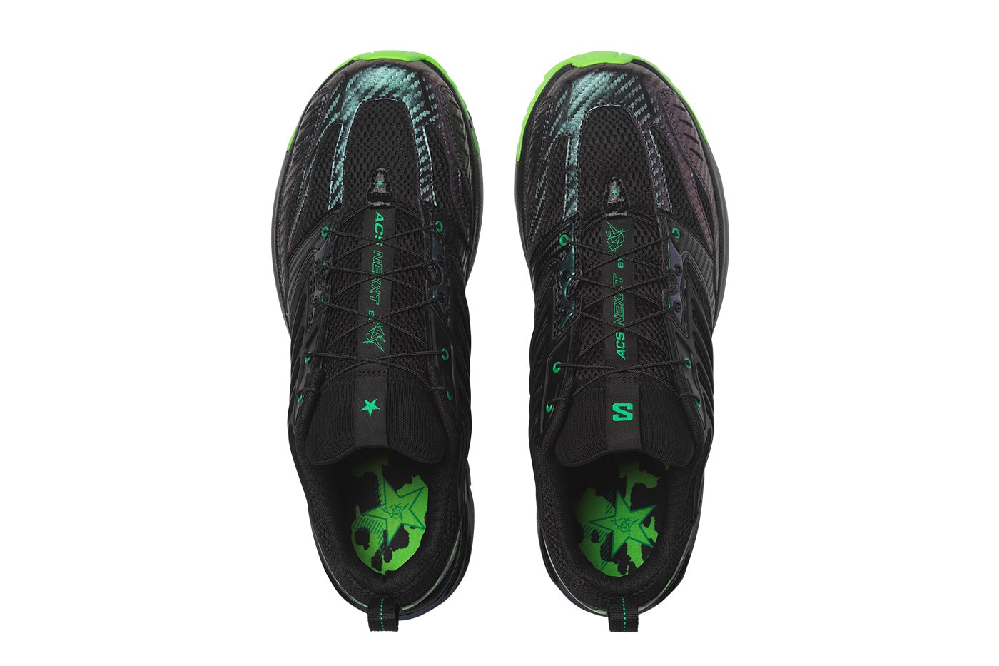 Feid x Salomon ACS NEXXT top view showing iridescent chrome accents across caged upper