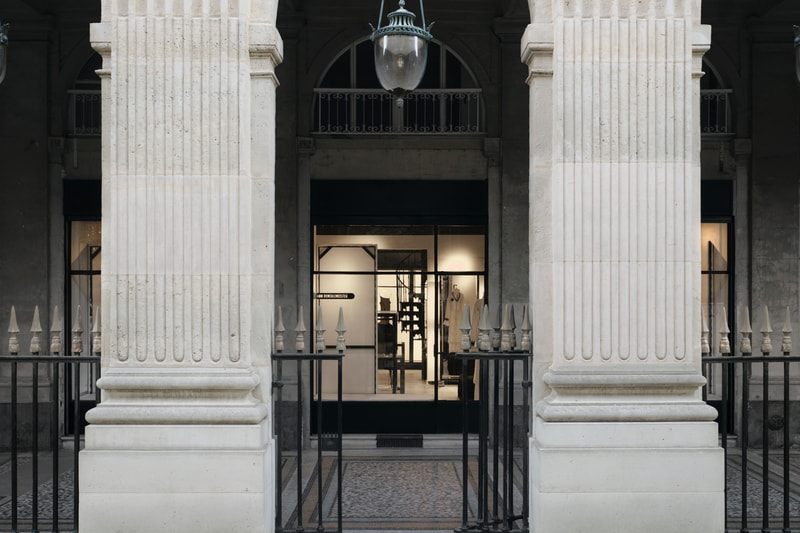 Minimalist interior of the new Ann Demeulemeester Paris flagship store at the Jardin du Palais Royal.