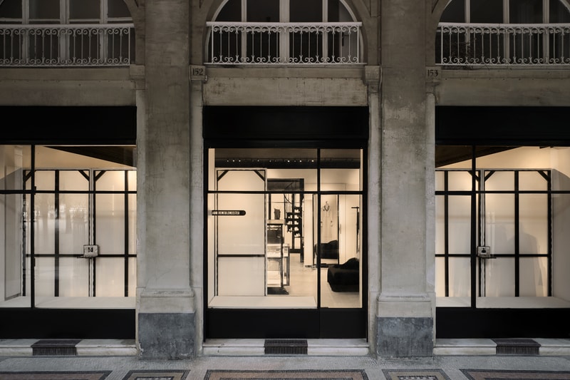 Minimalist interior of the new Ann Demeulemeester Paris flagship store at the Jardin du Palais Royal.