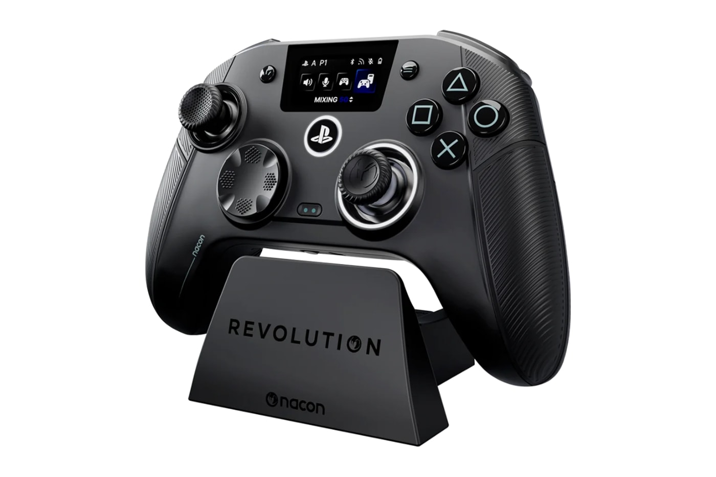 Nacon Revolution 5 Unlimited controller for PS5 featuring a built-in settings screen and asymmetrical thumbsticks