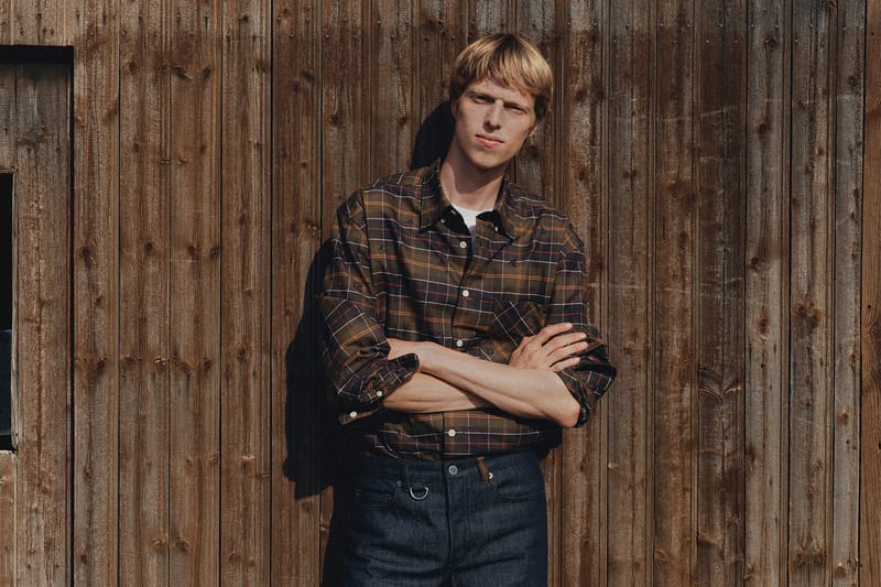 Barbour Spey waxed jacket in dark navy with tartan lining from A.P.C. x Barbour FW26 collection