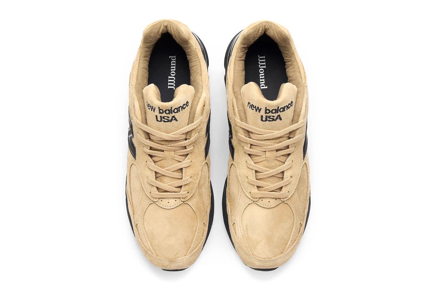JJJJound x New Balance 990v3 Tan Suede top view showing tan suede tongue with black embroidered New Balance branding