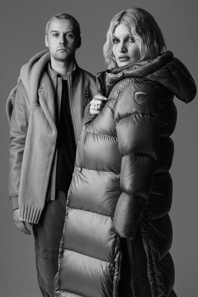blauer outerwear fall winter 2026 down jacket puffer leather city styles b.essential b.uniform b.project b.cortina queen of the dolomites byran adams campaign DYLAN Ben kidson cassyette 