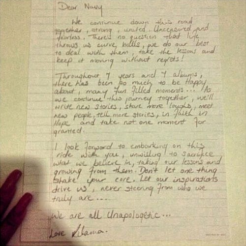 Rihanna Pens 'Unapologetic' Letter to Fans
